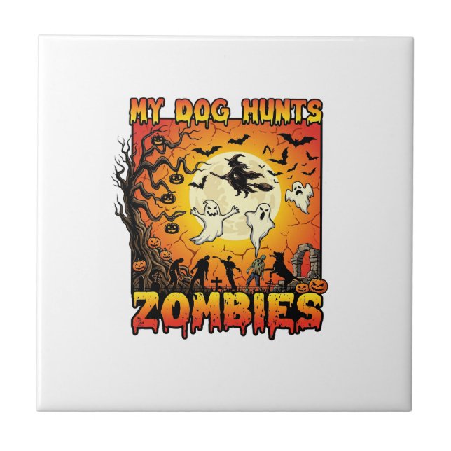 Dog Hunts Zombies Halloween Ghosts Witch Moon Ceramic Tile (Front)