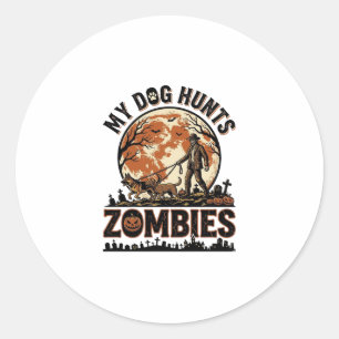 Dog Hunts Zombies Vintage Halloween Vector Design_ Classic Round Sticker