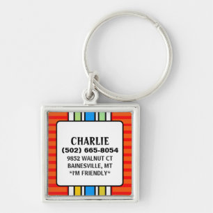 Dog ID Tag - Red with Vertical Stripes - Square Key Ring
