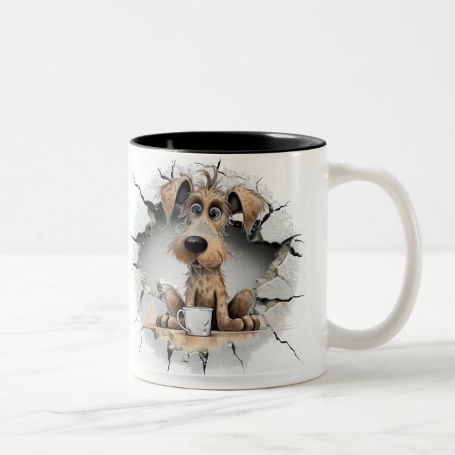 dog in a cracked wall Two-Tone coffee mug (Right)