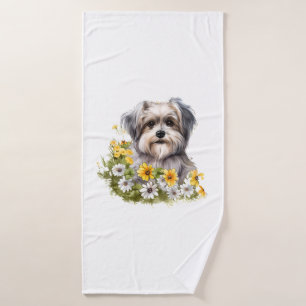 Dog in a Flower Garden Bath Towel
