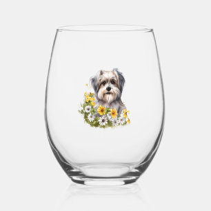 Dog in a Flower Garden Stemless Wine Glass