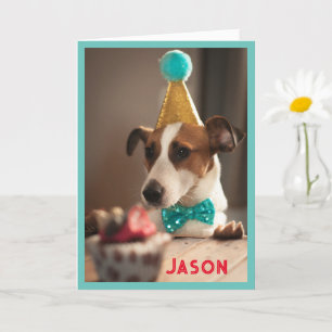 Dog in Birthday Party Hat Personalise Name Card