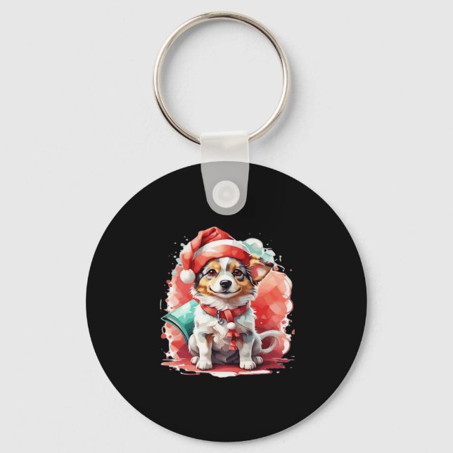 Dog in Christmas Hat - Christmas Tale Oversized T- Key Ring (Front)