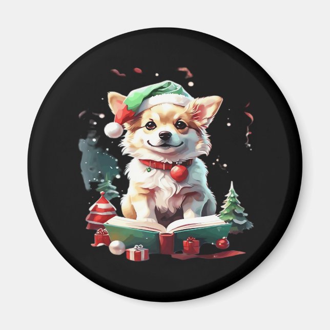 Dog in Christmas Hat with Books - A Perfect Christ Magnet (Front)