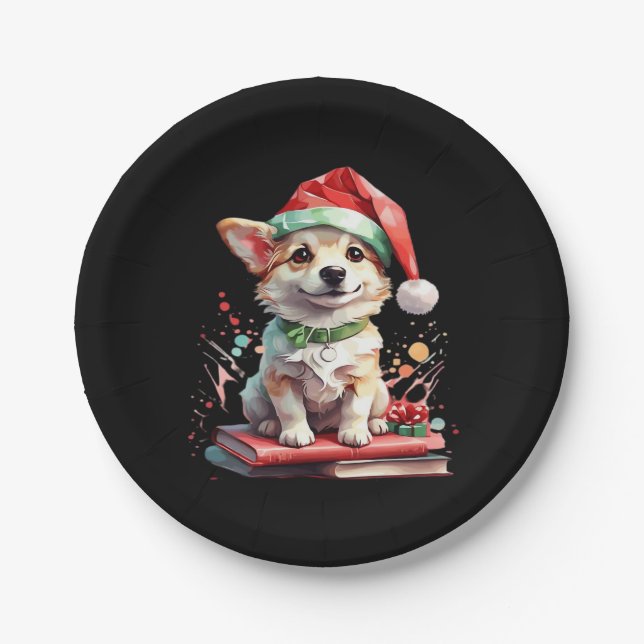 Dog in Christmas Hat with Books - A Perfect Christ Paper Plate (Front)