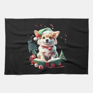 Dog in Christmas Hat with Books - A Perfect Christ Tea Towel
