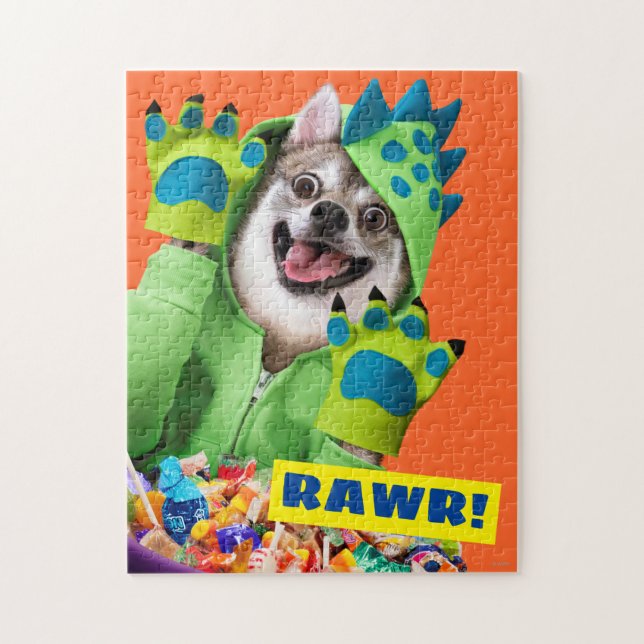 Dog in Dinosaur Costume Jigsaw Puzzle (Vertical)