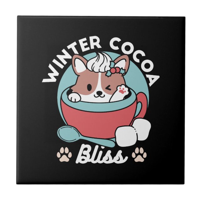 Dog in Festive Mug for Holiday Vibes - Winter Coco Ceramic Tile (Front)
