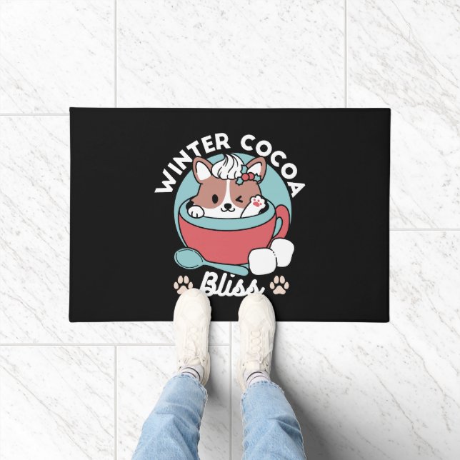 Dog in Festive Mug for Holiday Vibes - Winter Coco Doormat (Indoor)