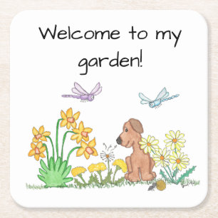 Dog in Flower Garden Square Paper Coaster