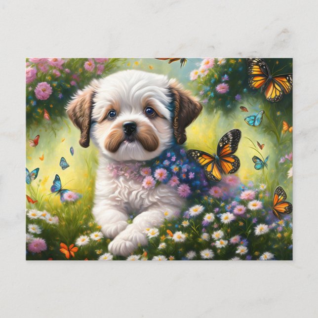Dog in flower meadow with butterflies postcard (Front)