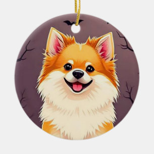 Dog in Halloween Scene with Pumpkins Ceramic Ornament