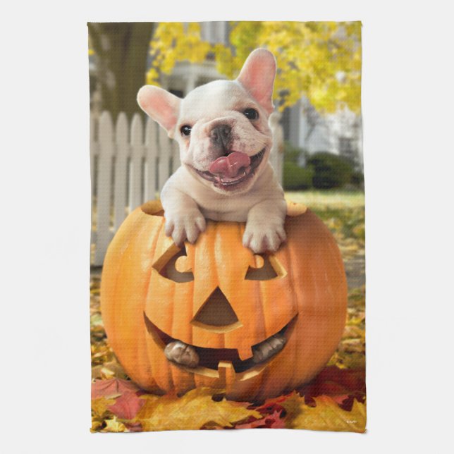 Dog in Jack-o-Lantern Tea Towel (Vertical)