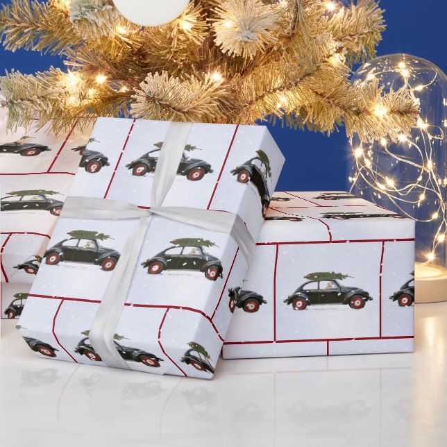 Dog In Old Car With Christmas Tree Wrapping Paper (Holidays)