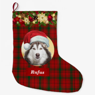 Dog in Santa Claus Hat Photo Christmas Plaid Name  Large Christmas Stocking