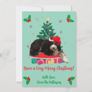 Dog in Santa Hat & Xmas Tree Flat Holiday Card