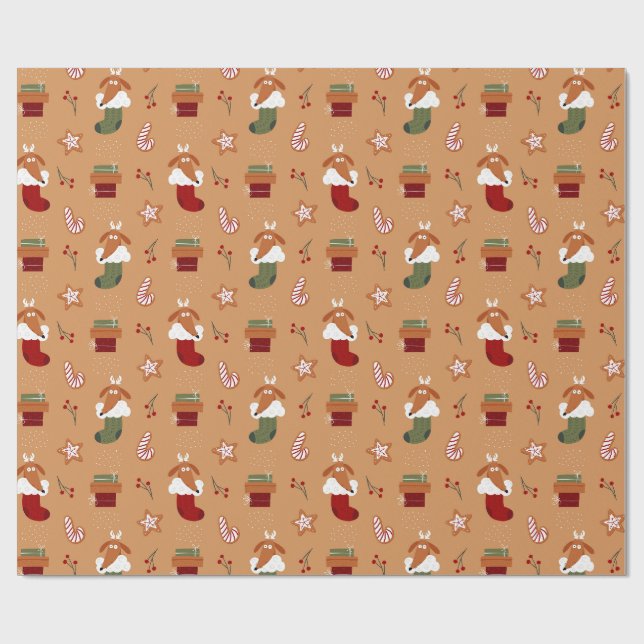 Dog in Stocking Gingerbread Pattern Wrapping Paper (Flat)