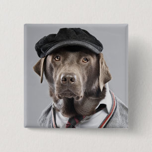 Dog in sweater and cap 15 cm square badge