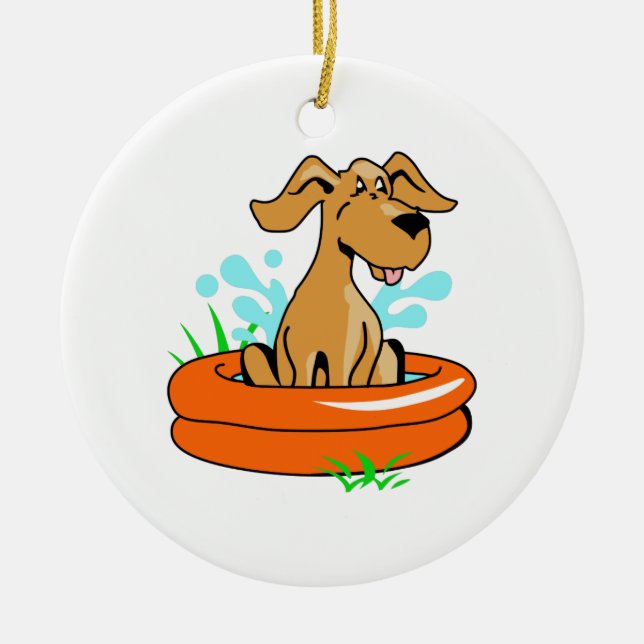 DOG IN SWIMMING POOL CERAMIC TREE DECORATION (Front)