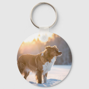 Dog in the Snow Winter Scene Key Ring