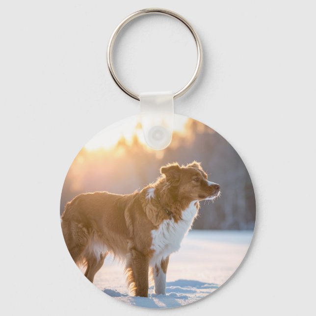 Dog in the Snow Winter Scene Key Ring (Front)