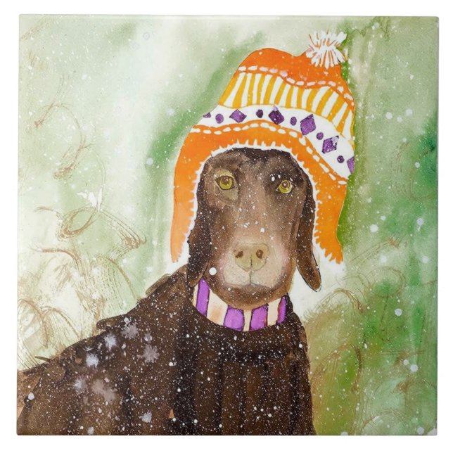 Dog in Winter Ceramic Tile (6" square) (Front)