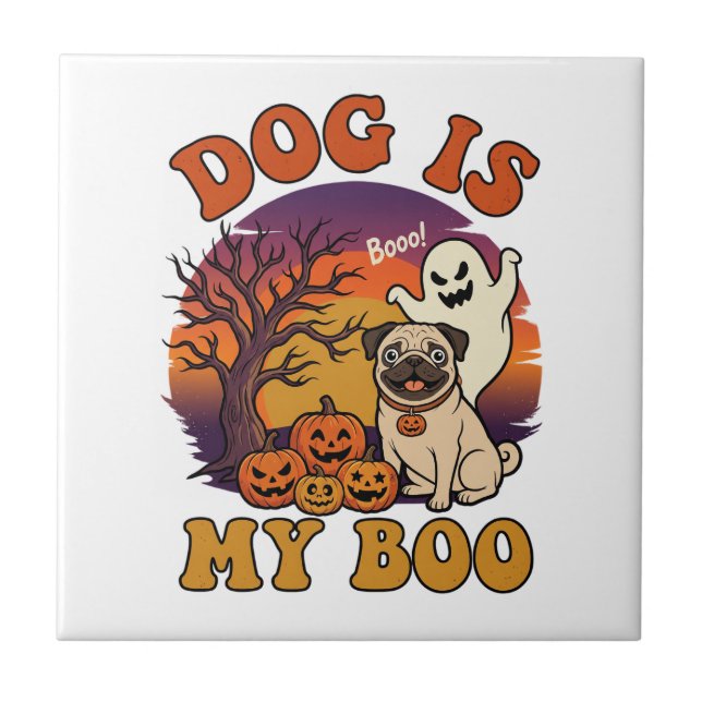 Dog Is Boo Halloween Pug Ghost Pumpkins_1 Ceramic Tile (Front)
