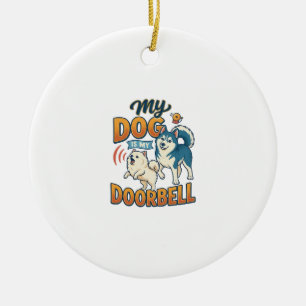 Dog Is Doorbell Barking White Blue_1 Ceramic Ornament