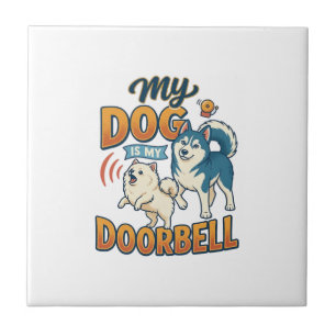 Dog Is Doorbell Barking White Blue_1 Ceramic Tile