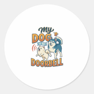Dog Is Doorbell Barking White Blue_1 Classic Round Sticker