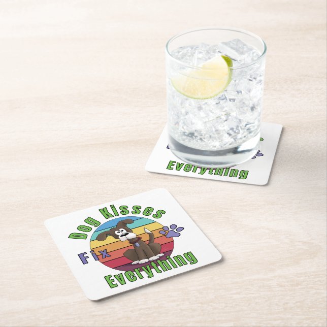 Dog Kisses Fix Everything  Square Paper Coaster (Insitu)