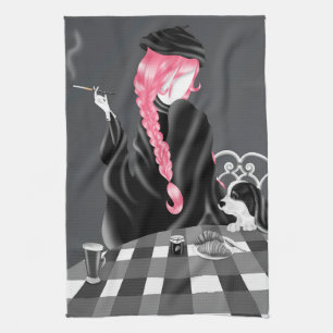 Dog & Lady at café Pink Hair Tea Towel