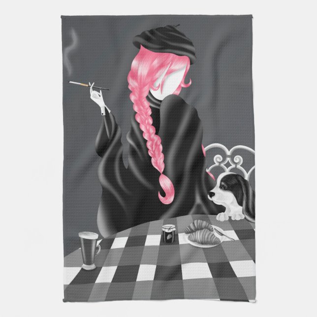 Dog & Lady at café Pink Hair Tea Towel (Vertical)
