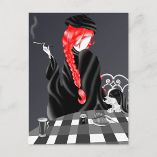 Dog & Lady at café Red Hair Postcard