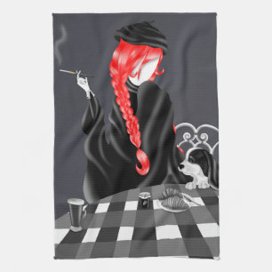 Dog & Lady at café Red Hair Tea Towel