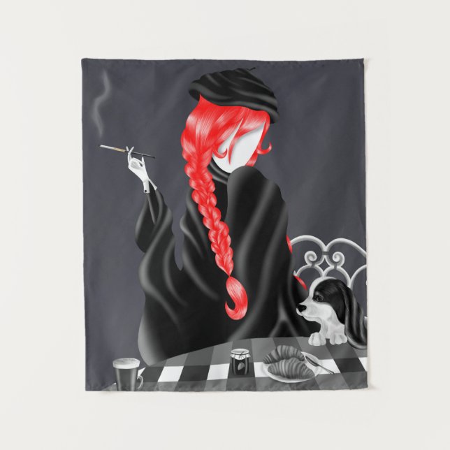 Dog & Lady at French café  Tapestry (Front)