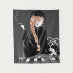Dog & Lady at French café Tapestry
