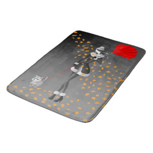 Dog & Lady Autumn Leaves Black Bath Mat