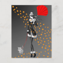 Dog & Lady Autumn Leaves Grey Monochrome Postcard