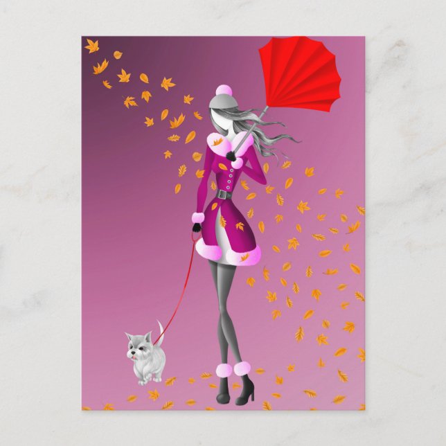 Dog & Lady Autumn Leaves Pink Postcard (Front)