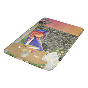Dog & Lady in Cafe at sunset Bath Mat