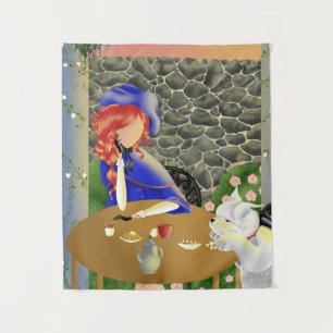 Dog & Lady in Café at Sunset "Forever Love" Tapestry