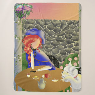 Dog & Lady in Café at Sunset Sherpa Blanket