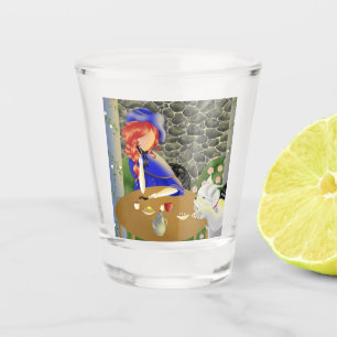 Dog & Lady in Café at Sunset Shot Glass