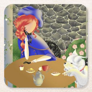Dog & Lady in Café at Sunset Square Paper Coaster