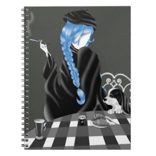 Dog & Lady in French café Blue Notebook