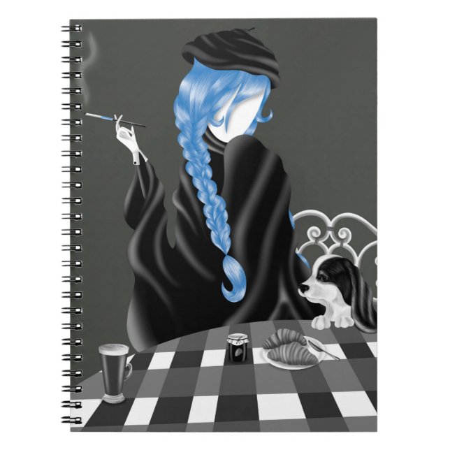 Dog & Lady in French café Blue Notebook (Front)