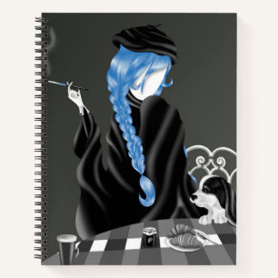 Dog & Lady in French café Blue Notebook
