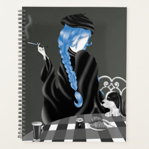 Dog & Lady in French café Blue Planner